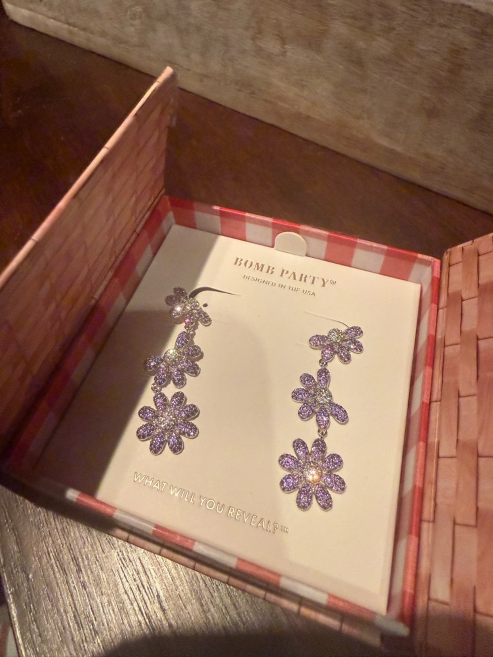 Bomb Party market fresh "dripping daises" Purple Floral Dangle Earrings